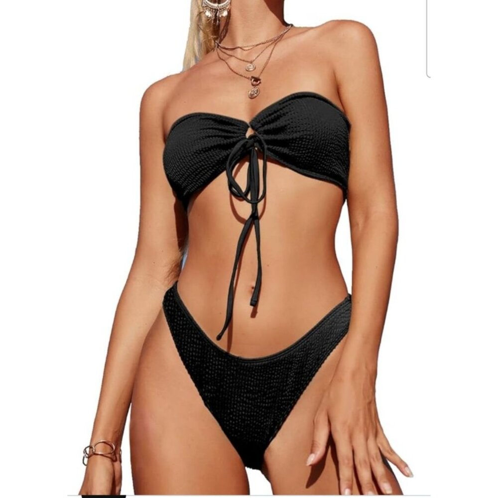 Womens M Black Ribbed Two-Piece Strapless Bikini Set Drawstring Bandeau Top Sexy